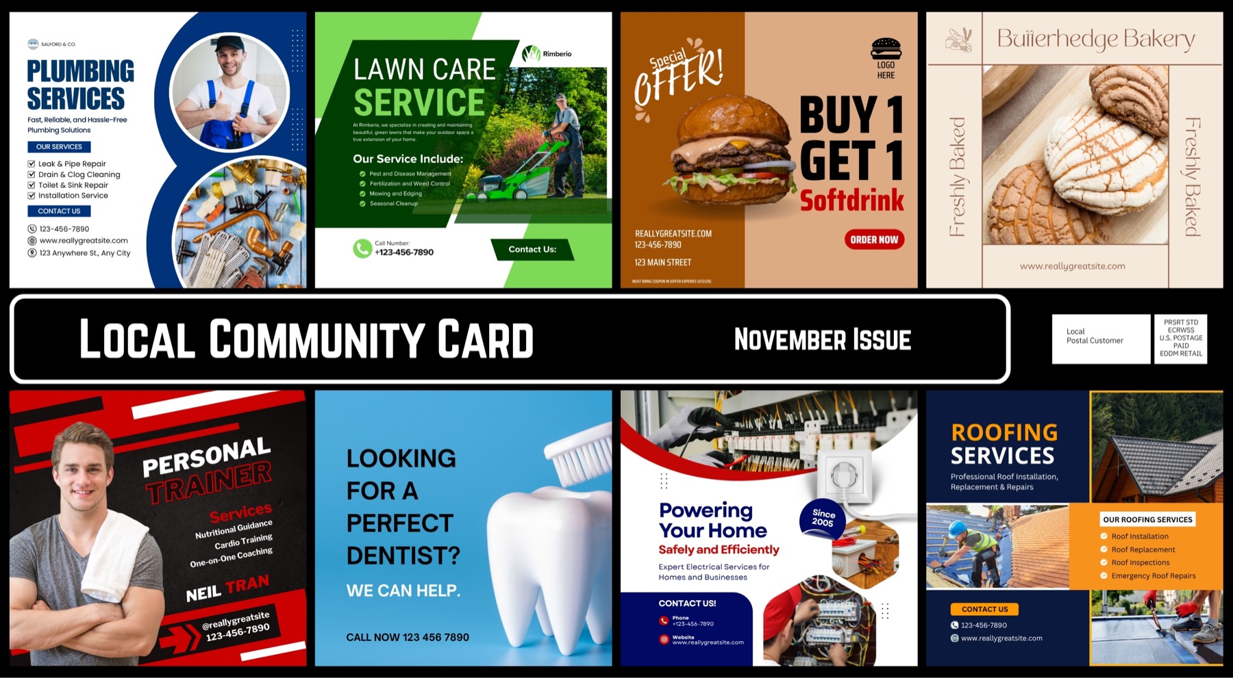 Sample community card front, with local service ads around a Local Community Card banner